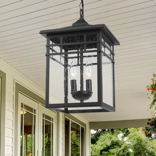 Miniatura 5 de Farol colgante para exteriores para porche delantero, 10 pulgadas, grande, negro, lámpara colgante con pantalla de vidrio sembrado para patio