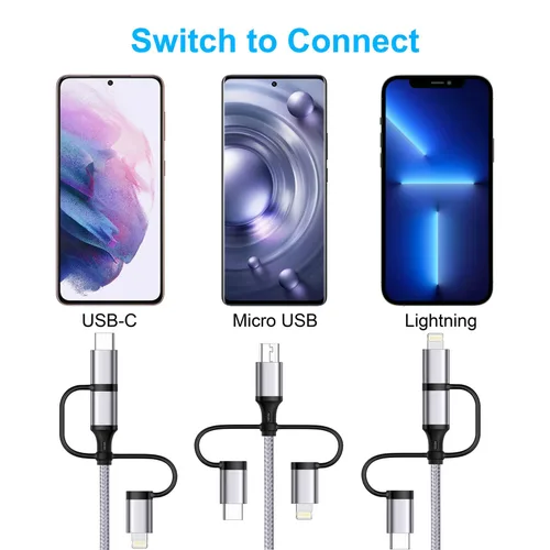 Miniatura 5 de Cable de carga múltiple [paquete de 2 unidades de 6 pies] 3 en 1, cable de carga USB trenzado de nailon para múltiples dispositivos