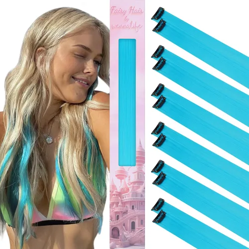 Miniatura 37 de Wennalife 12 piezas de extensiones de cabello azul con clip, extensiones de cabello con clip de colores para niños, pinzas de cabello arcoíris