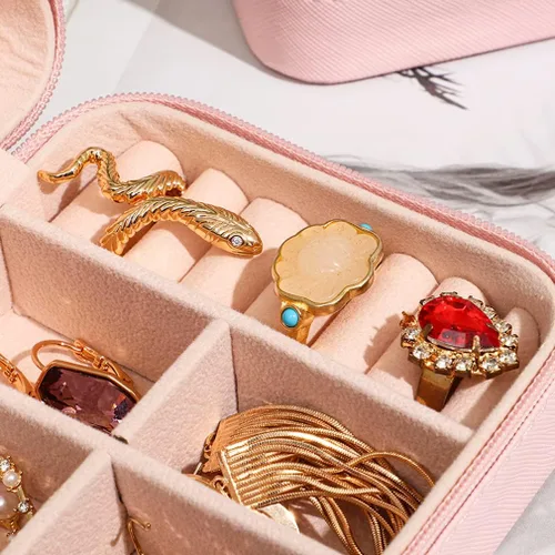 Miniatura 4 de GOTDYA Paquete de 2 joyeros de viaje, pequeño joyero portátil de piel sintética con cremallera para organizar y almacenar joyas, rosa claro