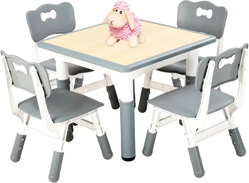 FUNLIO - Juego de mesa y 4 sillas para niños, mesa y sillas ajustables en altura para niños de 3 a 8 años, mesa fácil de limpiar para manualidades,