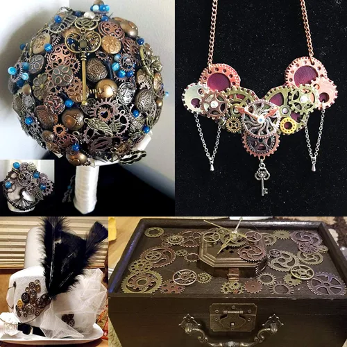 Miniatura 7 de BIHRTC 100 gramos de engranajes steampunk de metal antiguo surtidos en colores para manualidades, dijes para reloj, rueda de reloj, engranaje
