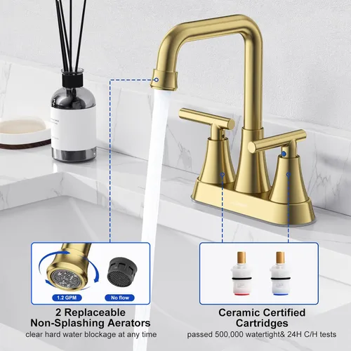 Miniatura 6 de Grifo para Lavabo de Baño, Hurran 4 Pulgadas Dorado Cepillado Grifos de Baño para Lavabo 3 Agujeros con Desagüe Pop-up y Mangueras de Suministro