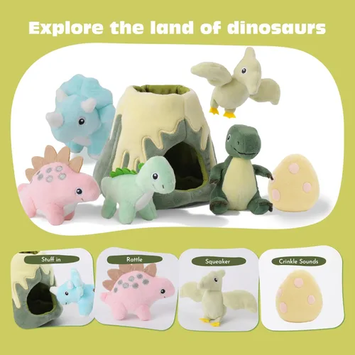 Miniatura 4 de Juguetes para bebés 6-12 meses – Mi pequeño volcán con 5 dinosaurios de peluche, juguete Montessori con sonajero, crujiente, silbato, juguetes