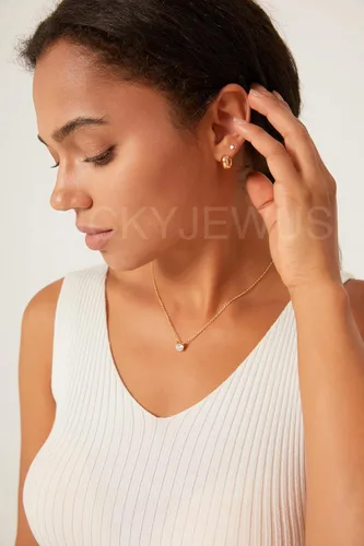 Miniatura 5 de Aretes de aro pequeños chapados en oro de 14 quilates con poste de plata de ley Aretes de oro grueso con cúpula para mujer
