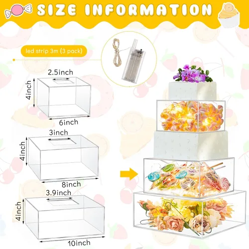 Miniatura 2 de Sintuff 3 soportes cuadrados de acrílico para tartas, 3 niveles, transparente, rellenable, con cadena de luces LED, soporte para cupcakes con tapa