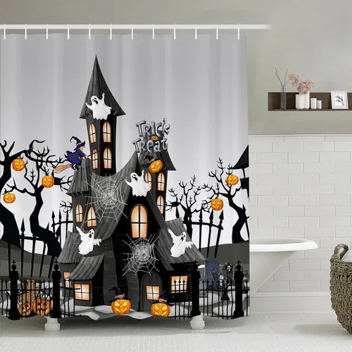 Miniatura 4 de ARESD Cortina de ducha de Halloween para baño, cortina de baño de tela de araña de casa de terror y calabaza, cortinas de ducha de poliéster