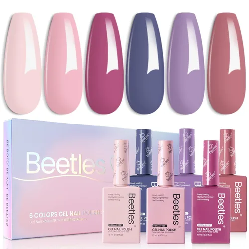 Beetles - Juego de esmaltes de gel sin hema, 6 colores, 0.5 onzas líquidas, tamaño completo, color rosa bebé, morado, gel nude, rosa, verano, kit de