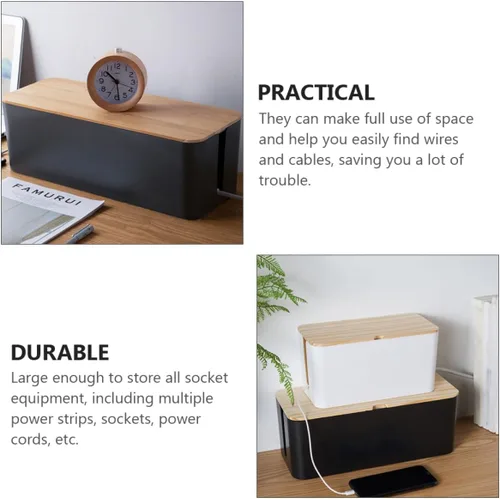 Miniatura 9 de Toyvian Cable Storage Box Power Line Manager with Natural Wood Lid, Medium Black Charging Cable Organizer for Home and Office Cord Management