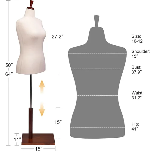 Miniatura 2 de VINGLI Forma de vestido femenino, cuerpo de torso de maniquí con soporte de madera ajustable para diseño de ropa, maniquí pinable (blanco, 10-12)