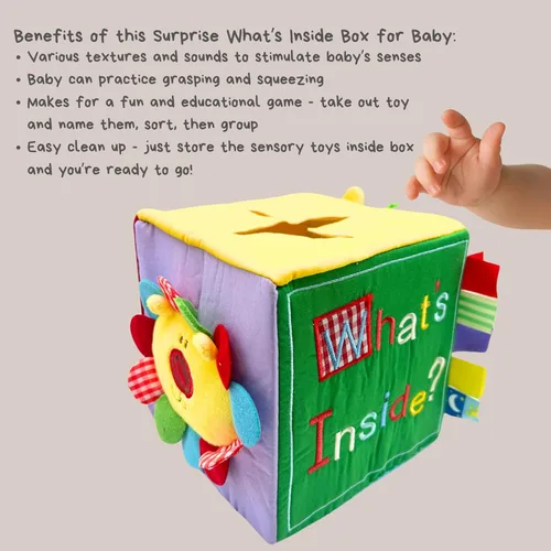 Miniatura 7 de Genius Baby Toys Caja de regalo y juego original de sorpresa, bordado a mano con 8 juguetes sensoriales y táctiles de felpa para bebés, cubo