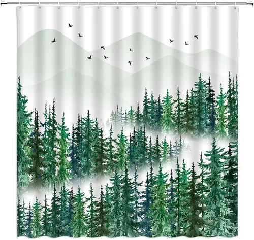 Miniatura 5 de Cortina de ducha de bosque brumoso, pino, acuarela, abstracta, selva, montaña, planta azul, rústico, misterioso, paisaje, decoración de baño