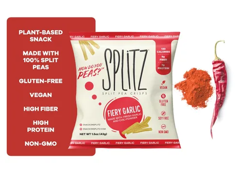 SPLITZ Split Pea Crisps Ajo ardiente (1.5 onzas), 16 unidades a base de plantas, orgánico, sin OMG, vegano, sin gluten, superalimentos, aperitivo