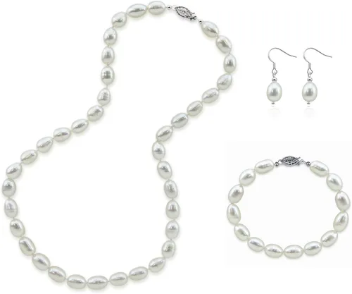 8.09,5mm Blanco de agua dulce perla cultivada collar 16inches ovalada, conjuntos de arete y pulsera 7.0inches con base de metal Cierre