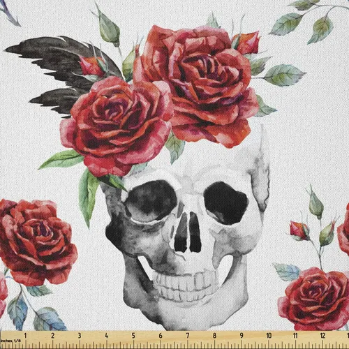 Miniatura 108 de Ambesonne The Yard, tela de calavera colorida con temática de Halloween, diseño de calavera y huesos cruzados, divertido estampado de dibujos