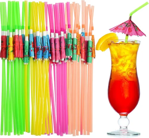 Miniatura 8 de ALINK 100 popotes para paraguas, sombrillas largas para cóctel, bebidas, pajitas de bar de flores, tropical, verano, playa, Luau Tiki, decoraciones