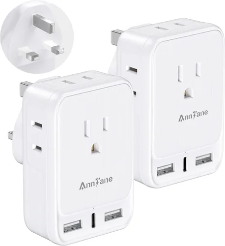 Paquete de 2 adaptadores de viaje de Estados Unidos a Reino Unido, adaptador tipo G para viaje con 4 tomas, 3 puertos de carga USB, adaptador de