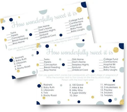 Paper Clever Party Juego de baby shower azul marino y dorado - Tarjetas de actividades a juego de barra de caramelo - Adivina las etapas del