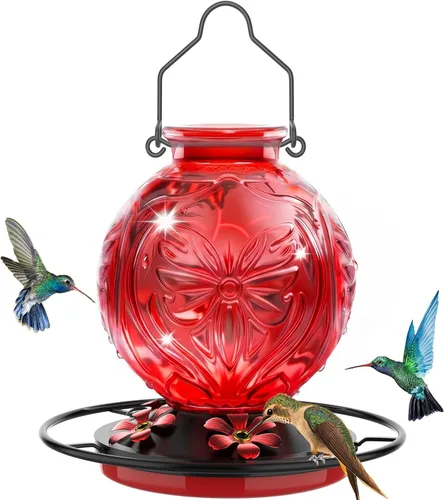Comedero de vidrio para colibríes para colgar al aire libre, comedero de néctar de colibrí de 25 onzas con perca y 5 puertos de alimentación de