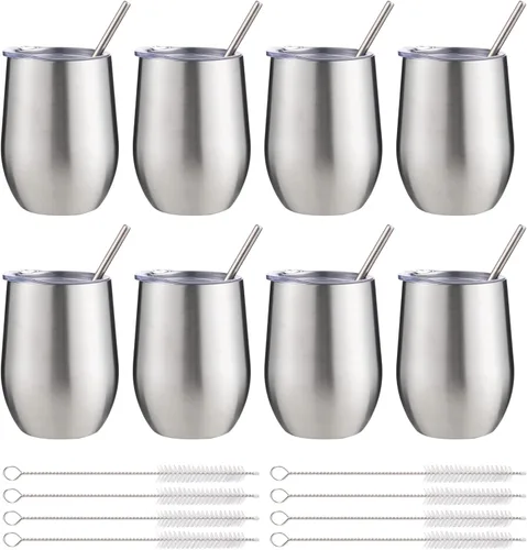 Vaso de vino aislado de 12 onzas con tapa y pajita, vaso de vino de acero inoxidable sin tallo de doble pared, vaso de vino al vacío a granel para