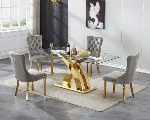 Miniatura 37 de Juego de mesa de comedor de cristal plateado moderno de 70 pulgadas para 4, juego de mesa de comedor rectangular de 5 piezas con patas de acero