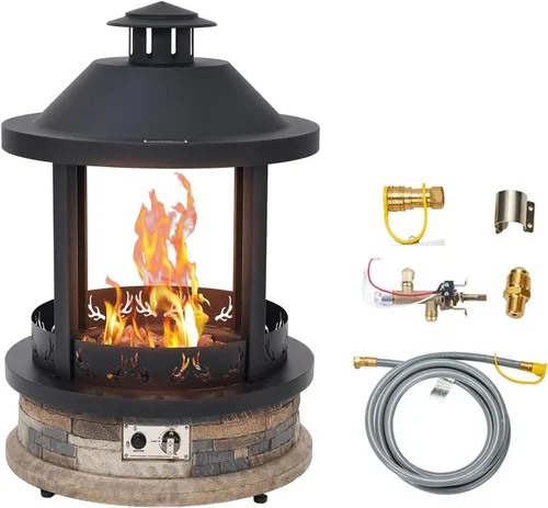 Miniatura 10 de Chimenea de gas exterior de 24 pulgadas, fogata de propano de 55,000 BTU con rocas de lava y cubierta de lluvia, hoguera semiesférica de 3 patas