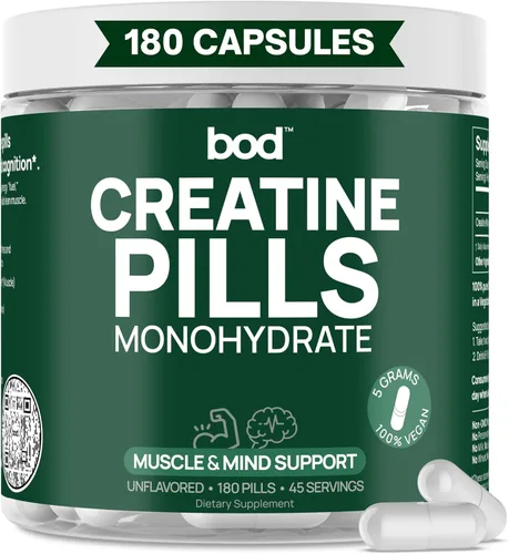 Bod Cápsulas de monohidrato de creatina – 45 porciones (4 cápsulas = 0.18 oz) – Monohidrato de creatina de malla 200 ultrapura – Fuerza, potencia,