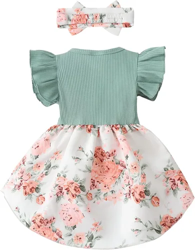 Miniatura 4 de Vestido de niña recién nacida, floral, manga con volantes, casual, vestido de playa, vestido de princesa con falda de princesa, vestidos de verano