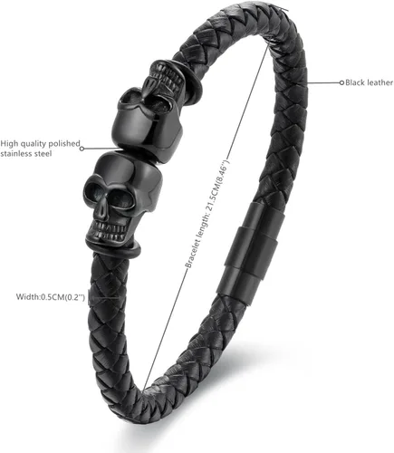 Miniatura 2 de Pulsera de cuero trenzado negro para hombre, acero inoxidable, dos encantos de calavera, gótica