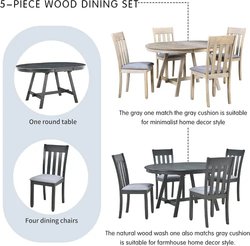 Miniatura 6 de Harper & Bright Designs Juego de mesa de comedor de madera de 5 piezas, mesa de comedor redonda extensible con 4 sillas de comedor, juego de cocina