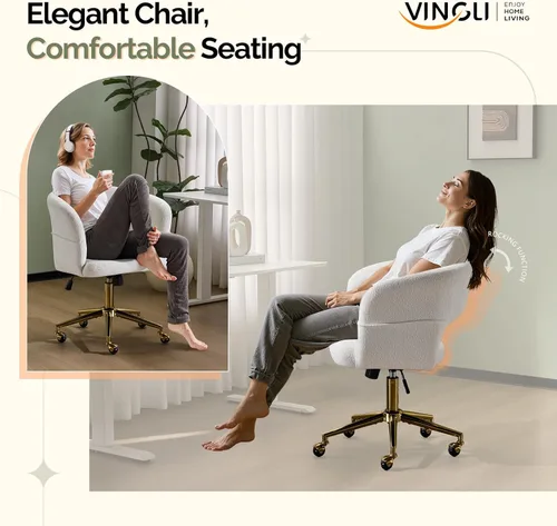 Miniatura 3 de VINGLI Silla Moderna Curvada de Oficina y Tocador, Bonita Silla Tapizada con Tachuelas con Ruedas y Giro de 360° y Inclinación y Base Dorada