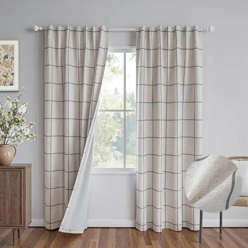 Miniatura 15 de MYSKY HOME Cortinas de Lino a Cuadros 100% Opacas de 45 Pulgadas de Largo de Doble Capa Estilo Granja con Aislamiento Térmico Estampado a Cuadros