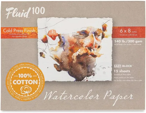 Bloque de Papel Acuarela Fluid 100, 6 x 8 pulgadas, 15 Hojas. 140 libras (300 GSM) 100% Algodón, Ficha de Prensa Fría para Pintura de Artista y