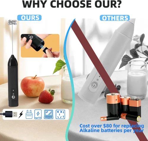 Miniatura 6 de Espumador de leche recargable de mano, mezclador de café eléctrico de 3 velocidades con batidor de acero inoxidable para chocolate caliente, huevos
