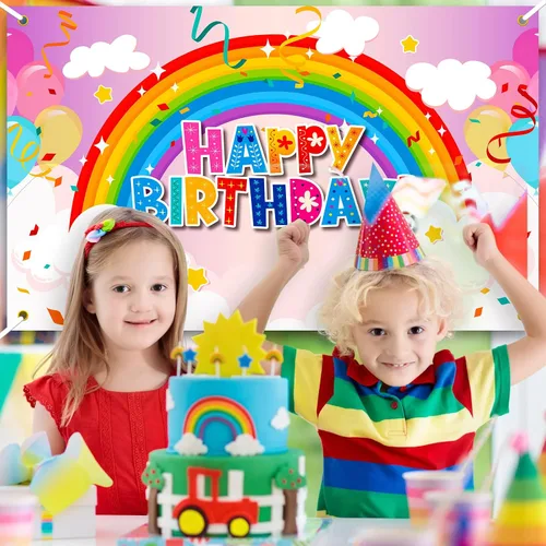 Miniatura 4 de Remerry Telón de fondo de cumpleaños arcoíris para niñas, colorido decoración de fiesta de feliz cumpleaños, pancarta para niñas, niños y adultos