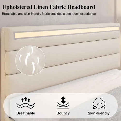 Miniatura 6 de E-Motie Marco de cama tamaño matrimonial con cabecero, cama tapizada con plataforma y otomano con almacenamiento, luces LED y estación de carga
