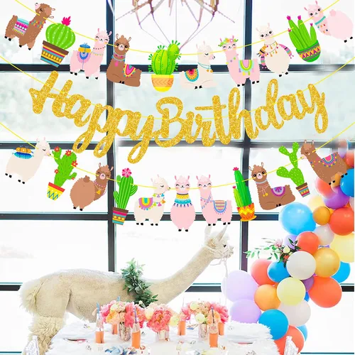 Miniatura 7 de Cartel de fiesta de cactus de llama, pancarta dorada para fiesta de cumpleaños, 3 unidades, decoraciones de cartón de alpaca para fiesta