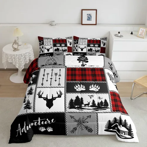 Miniatura 211 de Juego de edredón de cuernos de ciervo tamaño individual, juego de ropa de cama rústica de granja con huellas de oso y pinos para decoración