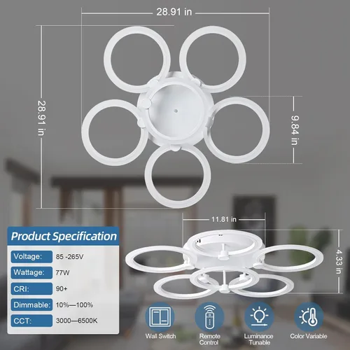 Miniatura 4 de Lámpara de techo LED, lámpara de techo moderna de 6 anillos, 77 W regulable 3000K a 6500K, luz de techo blanca con control remoto para sala