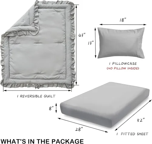 Miniatura 4 de Juego de ropa de cama de 3 piezas para cuna de bebé, edredón acolchado con volantes para bebé con sábana ajustable y funda de almohada - Ropa