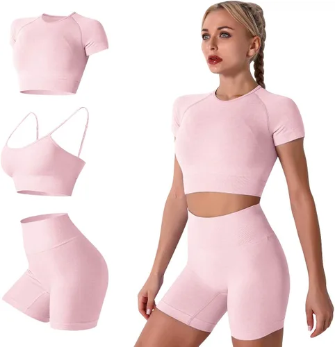 Conjunto de 3 piezas de yoga sin costuras para mujer, camiseta corta de manga corta, brasier deportivo para gimnasio, cintura alta, pantalones