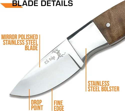 Miniatura 5 de Elk Ridge 111 Series Outdoors Fixed Blade Knife - 5-in Overall, 440 Stainless Steel Mirror Polished Blade, Burl Wood Handle, Leather Sheath