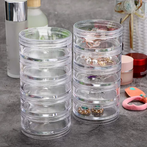 Miniatura 4 de Hipiwe Paquete de 2 tarros redondos de plástico transparente con 5 ranuras, organizador de accesorios para manualidades, caja organizadora de joyas
