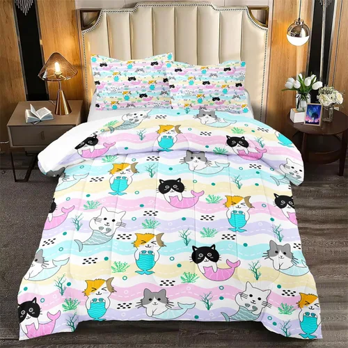 Miniatura 7 de Juego de ropa de cama de tamaño individual, edredón de gatos de dibujos animados para niñas, niños y adolescentes, juego de edredón azul
