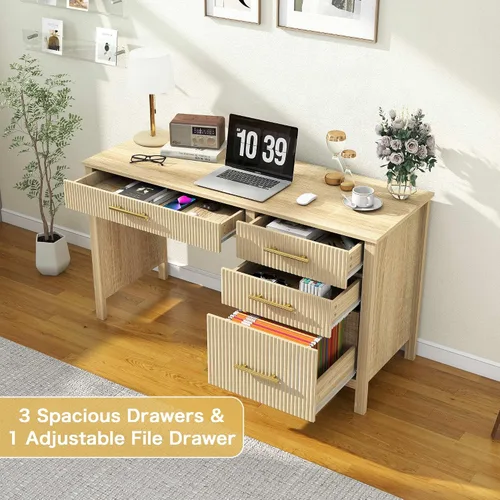 Miniatura 3 de Escritorio ejecutivo moderno con cajones: escritorios de oficina en casa de roble de 54 pulgadas con cajón de archivos, escritorio de madera