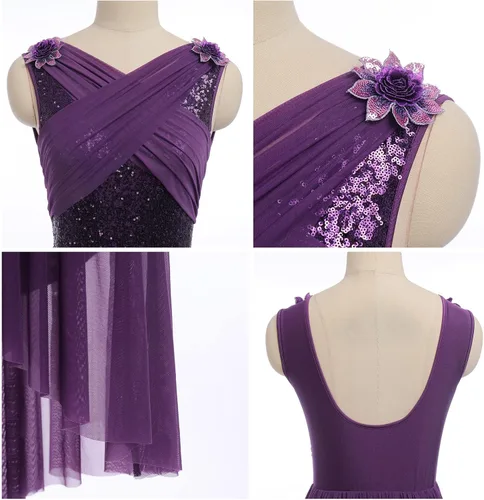 Miniatura 6 de AFAVOM Disfraz de baile lírico para mujer, vestido de lentejuelas con flores, falda asimétrica de tul fluida, disfraces de danza contemporánea
