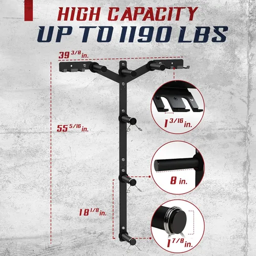 Miniatura 2 de Yes4All 6 clavijas y 4 estantes de almacenamiento de pesas que cargan hasta 1190 libras – soporte para árbol de pesas y barra montado en la pared