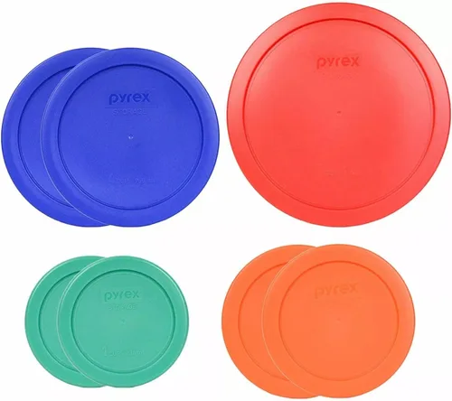 Pyrex (2) 7202-PC Tapas de almacenamiento de alimentos verdes, (2) 7200-PC naranjas, (2) 7201-PC azul cobalto, (1) 7402-PC rojas - Fabricadas en EE.