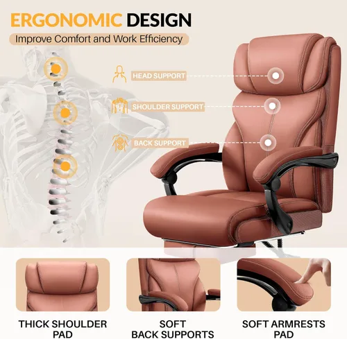 Miniatura 5 de HeroSet Silla de oficina grande y alta con reposapiés, silla ergonómica reclinable de cuero ejecutiva de 400 libras, soporte lumbar, sillas de Café
