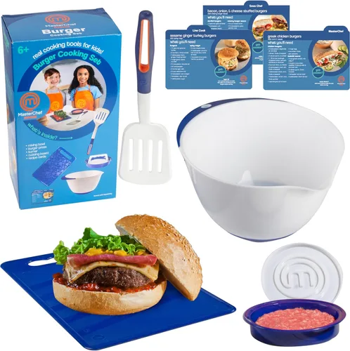 Masterchef Junior Juego de cocina para hamburguesas para niños, kit de 9 piezas, incluye utensilios de cocina reales para niños, cuenco, tabla de